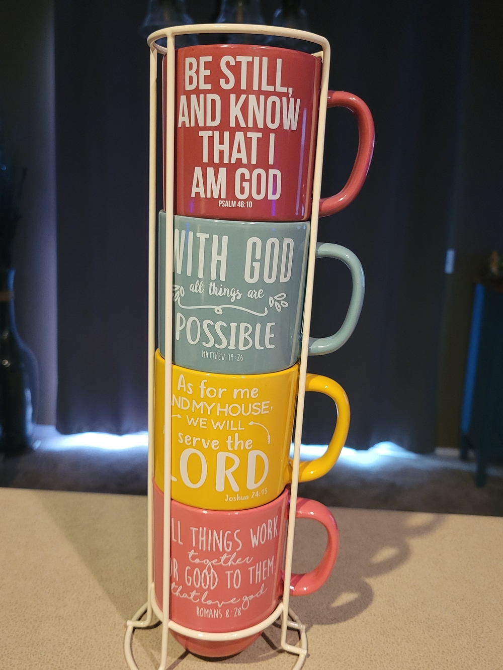 BW 4-Piece Stackable Inspirational Bible Verse Mug Set with Metal Stand